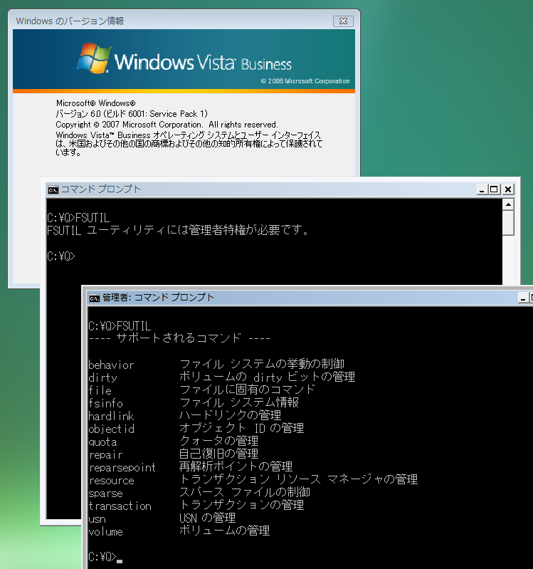 図58. Windows Vistaの管理者コマンドプロンプトでFSUTILコマンドを実行できた